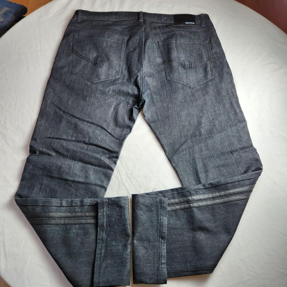 Rocawear Mens Black Denim Jeans 40x32 Vintage Y2K Hip Hop Moto Biker Ribbed